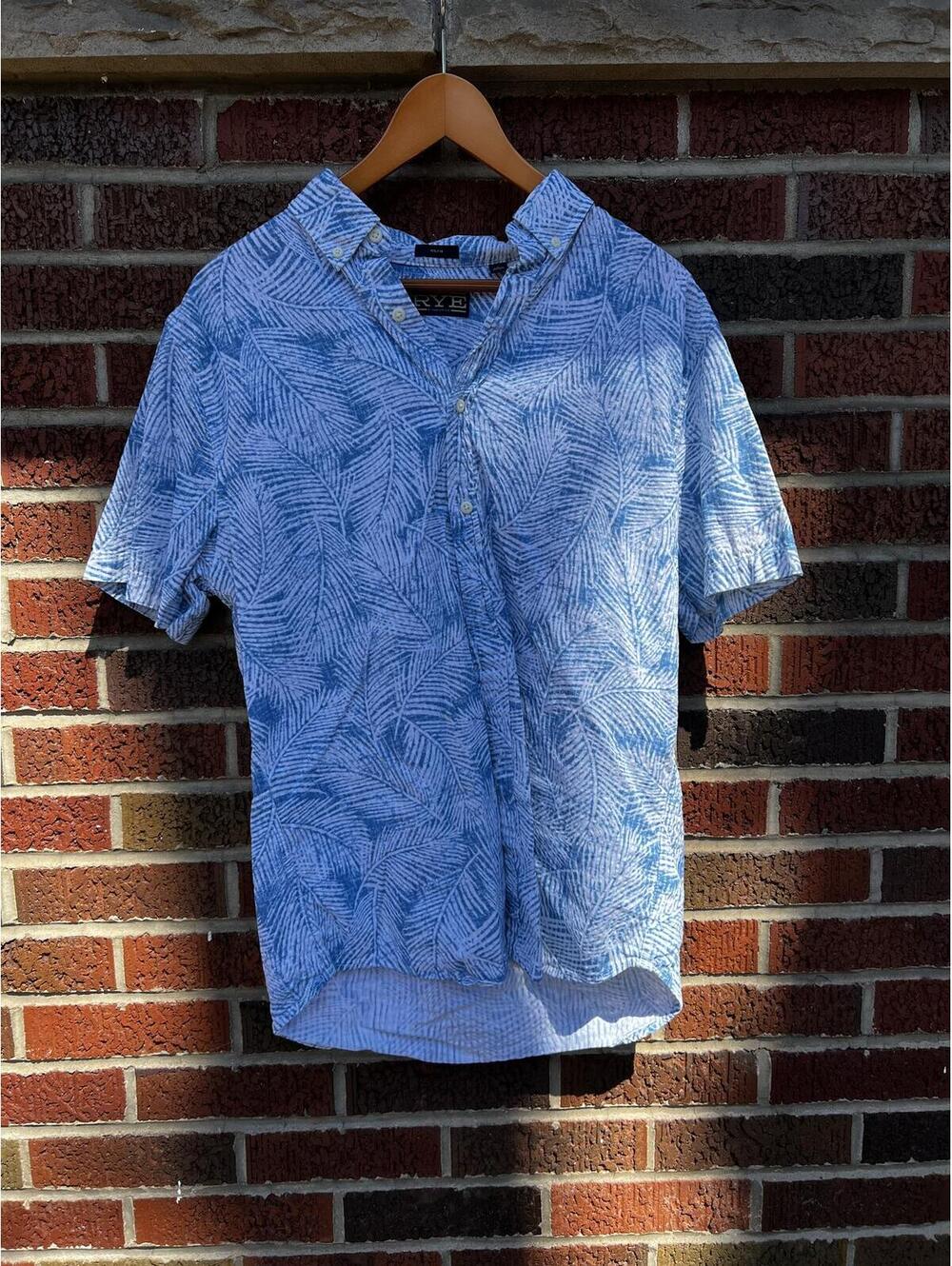 Rye Blue and White Tropical Print slim Collared Short Sleeve Polo Shirt